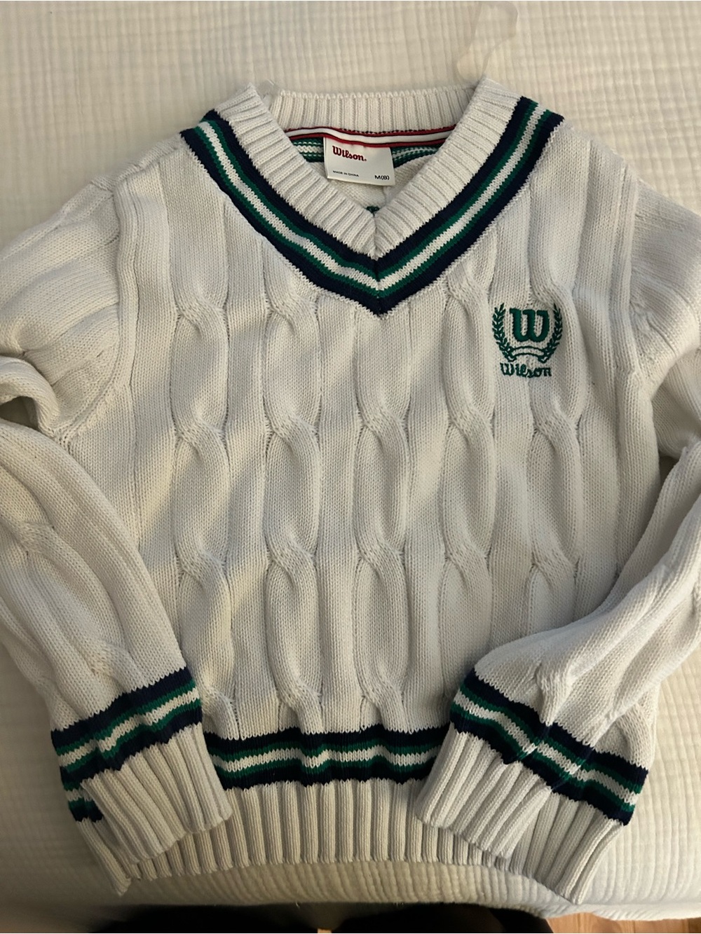 Girls Wilson White Cable Knit V-Neck Sweater with Green & Navy Trim (size M 8)